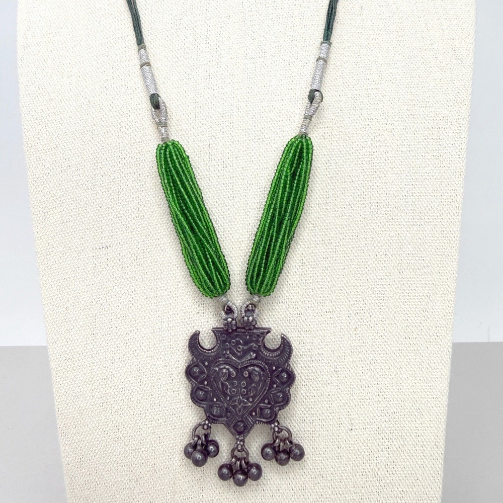 800 Silver Turkomen Pendant Necklace Green Seed Bead Multi Strand Tribal Ethnic